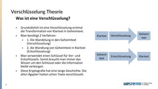 7
Was ist eine Verschlüsselung?
▪ Grundsätzlich ist eine Verschlüsselung erstmal
die Transformation von Klartext in Geheimtext.
▪ Man benötigt 2 Verfahren:
▪ 1. Die Wandelung in den Geheimtext
(Verschlüsselung)
▪ 2. die Wandlung von Geheimtext in Klartext
(Entschlüsselung)
▪ Man verwendet einen Schlüssel für Ver- und
Entschlüsseln. Somit braucht man immer das
Wissen um den Schlüssel oder die Information
bleibt verborgen.
▪ Diese Kryptografie hat eine lange Geschichte. Die
alten Ägypter hatten schon Texte verschlüsselt.
Verschlüsselung Theorie
Klartext
Klartext
Geheim
text
Geheim
text
Verschlüsselung
Entschlüsselung
 