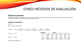 OTROS MÉTODOS DE EVALUACIÓN
Método incremental
El método incremental se emplea para determinar, entre dos proyectos mutuamente excluyentes, si conviene hacer un esfuerzo de
inversión adicional en el proyecto que requiere mayor inversión.
Criterio de aceptación:
VPNI > 0
TIRI > Tasa de oportunidad
𝑉𝑃𝑁𝐼𝐵−𝐴 = −40 +
12
1 + 0,18 1
+
15
1 + 0,18 2
+
10
1 + 0,18 3
+
5
1 + 0,18 4
+
12
1 + 0,18 5
𝑉𝑃𝑁𝐼𝐵−𝐴 =-$5,15
𝑇𝐼𝑅𝐼𝐵−𝐴 = 11,76%
Tasa de oportunidad: 18%
 