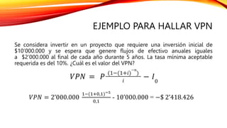 EJEMPLO PARA HALLAR VPN
Se considera invertir en un proyecto que requiere una inversión inicial de
$10’000.000 y se espera que genere flujos de efectivo anuales iguales
a $2’000.000 al final de cada año durante 5 años. La tasa mínima aceptable
requerida es del 10%. ¿Cuál es el valor del VPN?
𝑉𝑃𝑁 = 2’000.000
1−(1+0,1)−5
0,1
- 10’000.000 = −$ 2’418.426
 