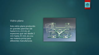 Vidrio plano
Este vidrio plano producido
en grandes planchas (de
hasta 6 m x 3,5 m), en
espesores que van desde 2
mm hasta 25 mm, es a su
vez materia prima para
diferentes manufacturas
 