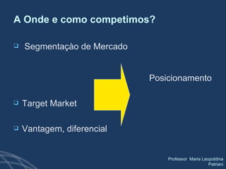 A Onde e como competimos? Segmentaçào de Mercado Posicionamento Target Market Vantagem, diferencial 