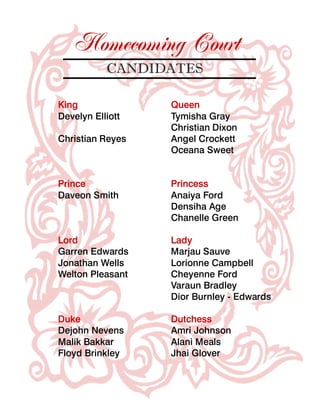 Homecoming Court
CANDIDATES
King Queen
Develyn Elliott Tymisha Gray
Christian Dixon
Christian Reyes Angel Crockett
Oceana Sweet
Prince Princess
Daveon Smith Anaiya Ford
Densiha Age
Chanelle Green
Lord Lady
Garren Edwards Marjau Sauve
Jonathan Wells Lorionne Campbell
Welton Pleasant Cheyenne Ford
Varaun Bradley
Dior Burnley - Edwards
Duke Dutchess
Dejohn Nevens Amri Johnson
Malik Bakkar Alani Meals
Floyd Brinkley Jhai Glover
 