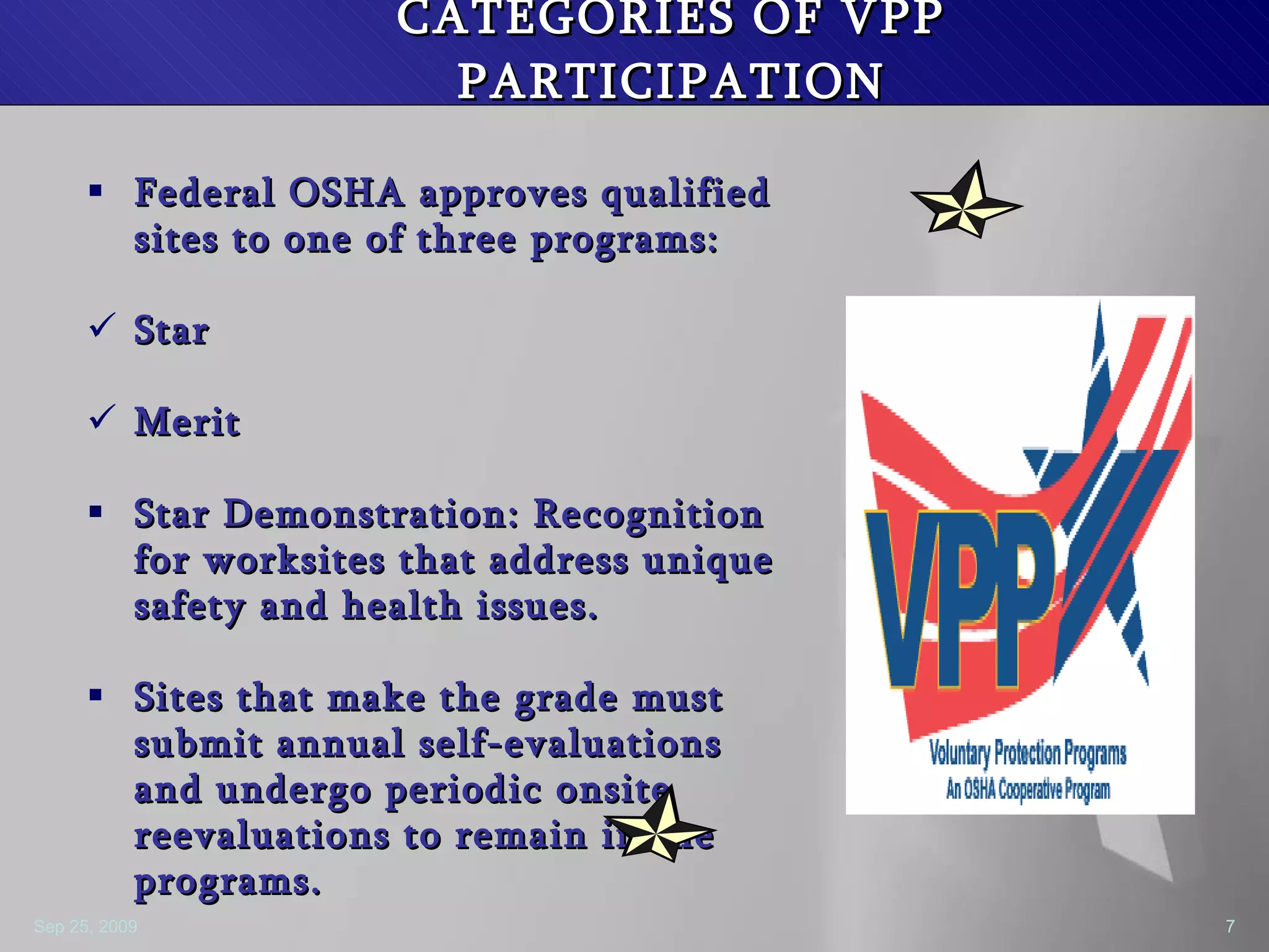 CATEGORIES OF VPP PARTICIPATION Federal OSHA approves qualified sites to one of three programs:  Star  Merit  Star Demonstration: Recognition for worksites that address unique safety and health issues.  Sites that make the grade must submit annual self-evaluations and undergo periodic onsite reevaluations to remain in the programs.  