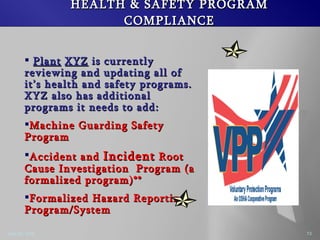 HEALTH & SAFETY PROGRAM COMPLIANCE Plant XYZ is currently reviewing and updating all of its health and safety programs. XYZ also has additional programs it needs to add: Machine Guarding Safety Program Accident and Incident Root Cause Investigation Program (a formalized program)** Formalized Hazard Reporting Program/System