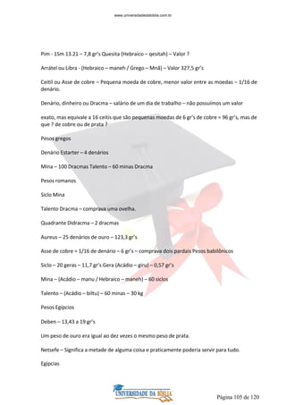 Página 105 de 120
Pim - 1Sm 13.21 – 7,8 gr’s Quesita (Hebraico – qesitah) – Valor ?
Arrátel ou Libra - (Hebraico – maneh / Grego – Mnã) – Valor 327,5 gr’s
Ceitil ou Asse de cobre – Pequena moeda de cobre, menor valor entre as moedas – 1/16 de
denário.
Denário, dinheiro ou Dracma – salário de um dia de trabalho – não possuímos um valor
Deben – 13,43 a 19 gr’s
Um peso de ouro era igual ao dez vezes o mesmo peso de prata.
Netsefe – Significa a metade de alguma coisa e praticamente poderia servir para tudo.
Egípcias
exato, mas equivale a 16 ceitis que são pequenas moedas de 6 gr’s de cobre = 96 gr’s, mas de
que ? de cobre ou de prata ?
Pesos gregos
Denário Estarter – 4 denários
Mina – 100 Dracmas Talento – 60 minas Dracma
Pesos romanos
Siclo Mina
Talento Dracma – comprava uma ovelha.
Quadrante Didracma – 2 dracmas
Aureus – 25 denários de ouro – 123,3 gr’s
Asse de cobre = 1/16 de denário – 6 gr’s – comprava dois pardais Pesos babilônicos
Siclo – 20 geras – 11,7 gr’s Gera (Acádio – giru) – 0,57 gr’s
Mina – (Acádio – manu / Hebraico – maneh) – 60 siclos
Talento – (Acádio – biltu) – 60 minas – 30 kg
Pesos Egípcios
www.universidadedabiblia.com.br
 