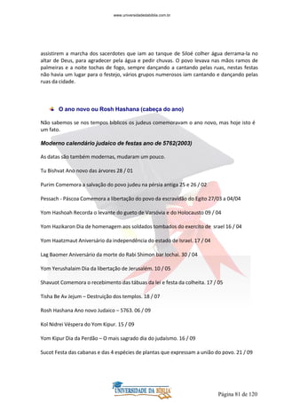 Página 81 de 120
assistirem a marcha dos sacerdotes que iam ao tanque de Siloé colher água derrama-la no
altar de Deus, para agradecer pela água e pedir chuvas. O povo levava nas mãos ramos de
palmeiras e a noite tochas de fogo, sempre dançando a cantando pelas ruas, nestas festas
não havia um lugar para o festejo, vários grupos numerosos iam cantando e dançando pelas
ruas da cidade.
O ano novo ou Rosh Hashana (cabeça do ano)
Não sabemos se nos tempos bíblicos os judeus comemoravam o ano novo, mas hoje isto é
um fato.
Moderno calendário judaico de festas ano de 5762(2003)
As datas são também modernas, mudaram um pouco.
Tu Bishvat Ano novo das árvores 28 / 01
Purim Comemora a salvação do povo judeu na pérsia antiga 25 e 26 / 02
Pessach - Páscoa Comemora a libertação do povo da escravidão do Egito 27/03 a 04/04
Yom Hashoah Recorda o levante do gueto de Varsóvia e do Holocausto 09 / 04
Yom Hazikaron Dia de homenagem aos soldados tombados do exercito de srael 16 / 04
Yom Haatzmaut Aniversário da independência do estado de Israel. 17 / 04
Lag Baomer Aniversário da morte do Rabi Shimon bar Iochai. 30 / 04
Yom Yerushalaim Dia da libertação de Jerusalém. 10 / 05
Shavuot Comemora o recebimento das tábuas da lei e festa da colheita. 17 / 05
Tisha Be Av Jejum – Destruição dos templos. 18 / 07
Rosh Hashana Ano novo Judaico – 5763. 06 / 09
Kol Nidrei Véspera do Yom Kipur. 15 / 09
Yom Kipur Dia da Perdão – O mais sagrado dia do judaísmo. 16 / 09
Sucot Festa das cabanas e das 4 espécies de plantas que expressam a união do povo. 21 / 09
www.universidadedabiblia.com.br
 