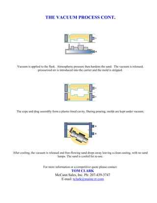 THE VACUUM PROCESS CONT.




   Vacuum is applied to the flask. Atmospheric pressure then hardens the sand. The vacuum is released,
                  pressurized air is introduced into the carrier and the mold is stripped.




  The cope and drag assembly form a plastic-lined cavity. During pouring, molds are kept under vacuum.




After cooling, the vacuum is released and free-flowing sand drops away leaving a clean casting, with no sand
                                    lumps. The sand is cooled for re-use.


                        For more information or a competitive quote please contact:
                                          TOM CLARK
                                 McCann Sales, Inc. Ph: 207-439-3747
                                    E-mail: tclark@maine.rr.com
 