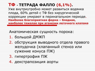 ТФ - ТЕТРАДА ФАЛЛО (6,1%).
Уже внутриутробно может развиться водянка
плода, 60% детей с ТФ без хирургической
коррекции умирают в перинатальном периоде.
Наиболее благоприятная форма – бледная,
наиболее тяжелая при агенезии легочного клапана
Анатомическая сущность порока:
1. большой ДМЖП
2. обструкция выводного отдела правого
желудочка (клапанный стеноз или
сужение конуса ПЖ)
3. гипертрофия ПЖ
4. декстрапозиция аорты
 