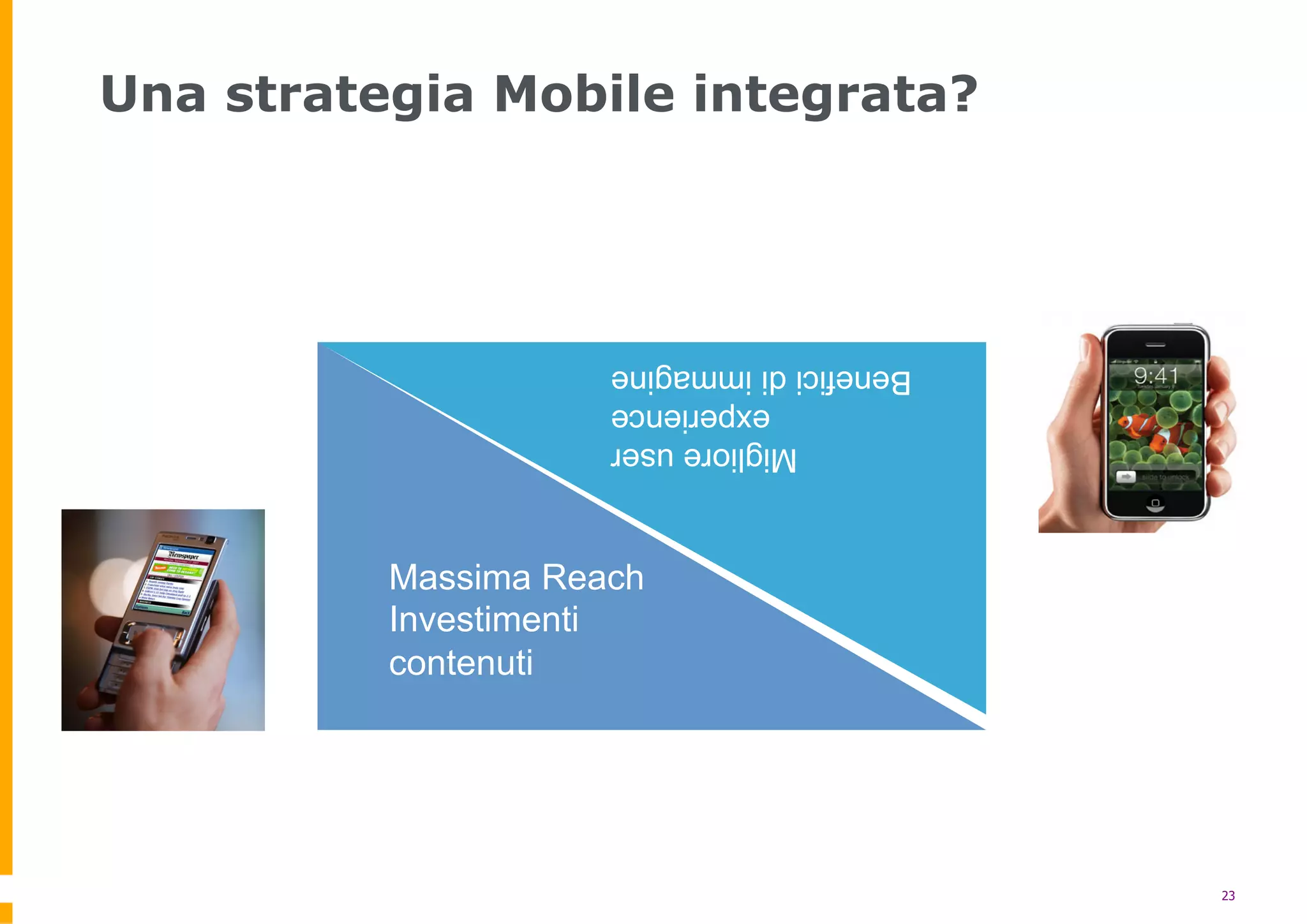 Una strategia Mobile integrata?




                     Benefici di immagine
                               experience
                             Migliore user



          Massima Reach
          Investimenti
          contenuti




                                             23
 