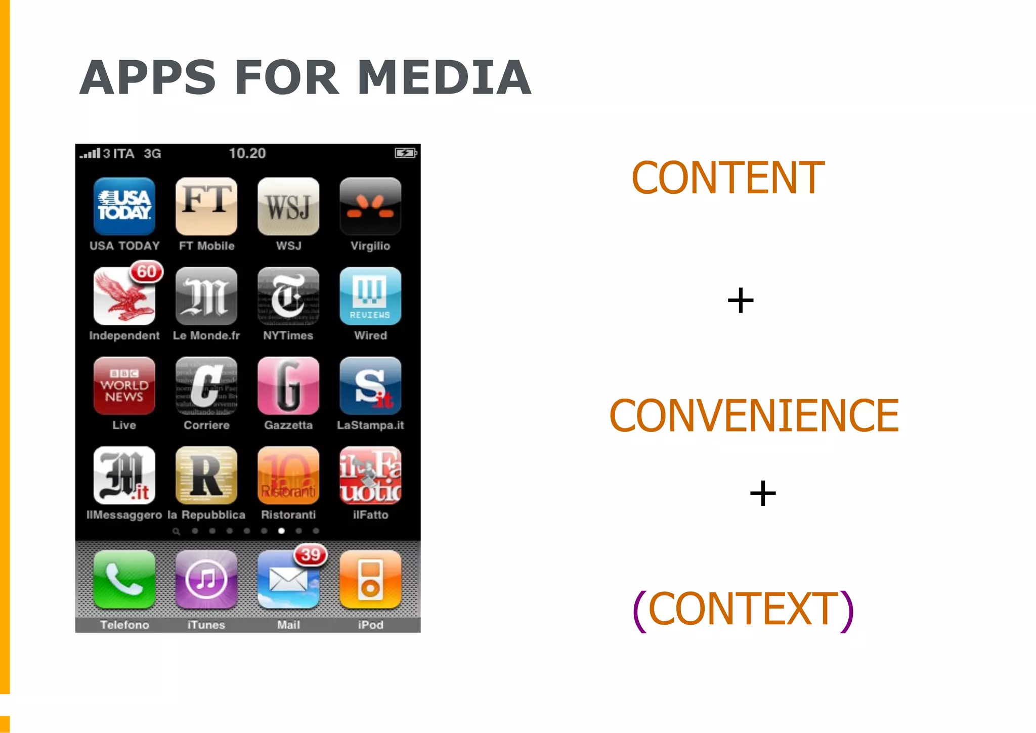 APPS FOR MEDIA

                 CONTENT

                     +

                 CONVENIENCE
                      +

                 (CONTEXT)
 
