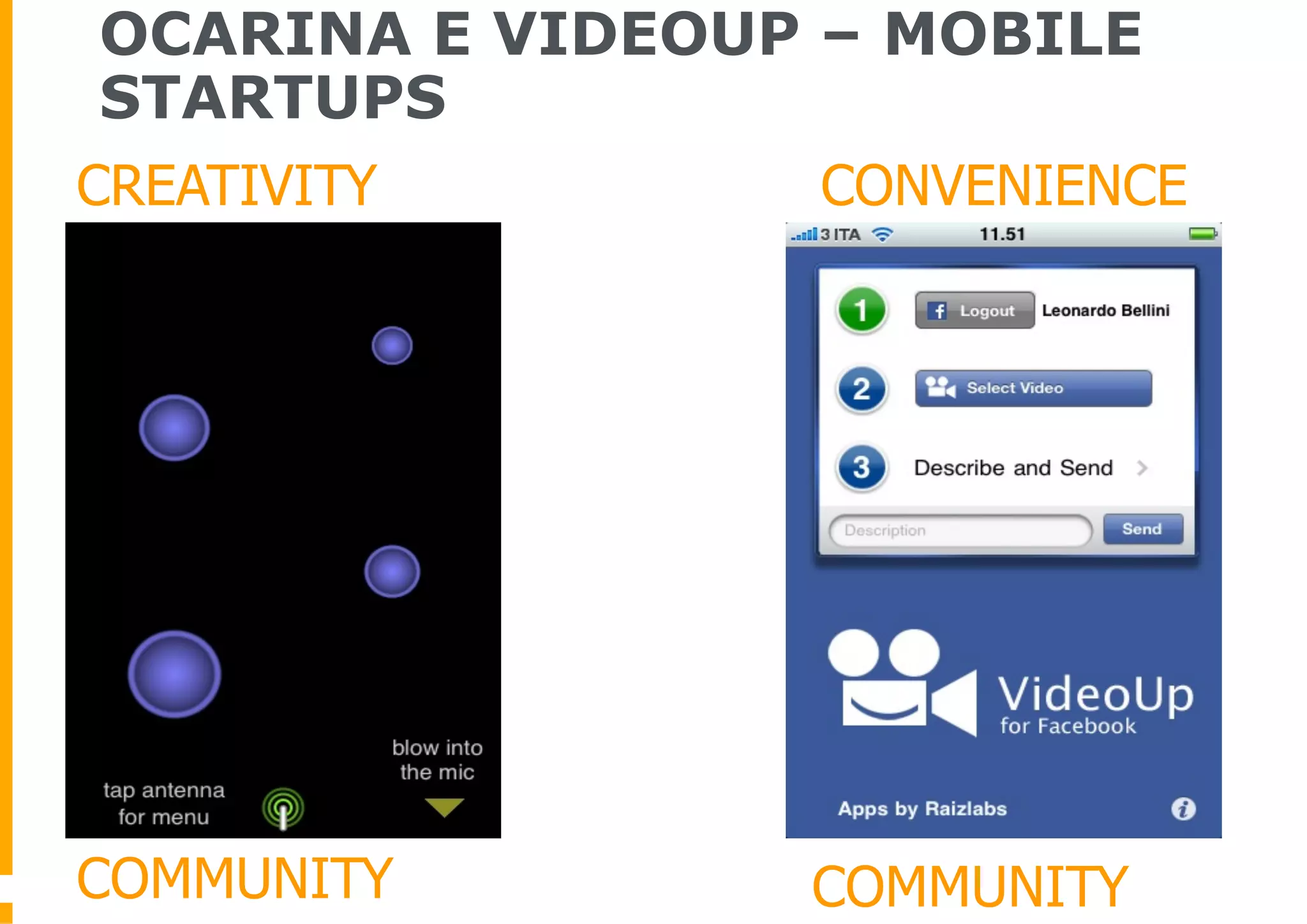 OCARINA E VIDEOUP – MOBILE
STARTUPS
CREATIVITY       CONVENIENCE




COMMUNITY        COMMUNITY
 