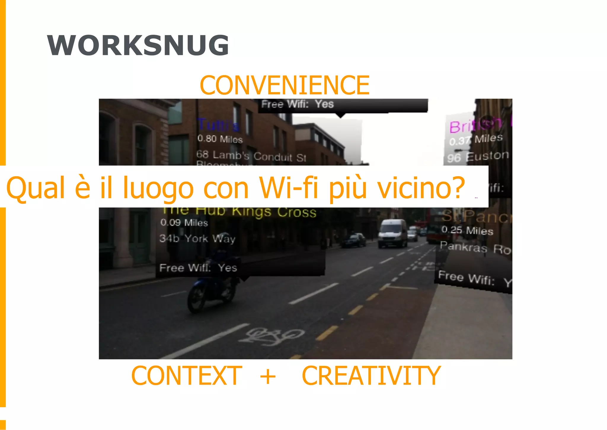 WORKSNUG
               CONVENIENCE


Qual è il luogo con Wi-fi più vicino?   ..




        +
          CONTEXT + CREATIVITY
 
