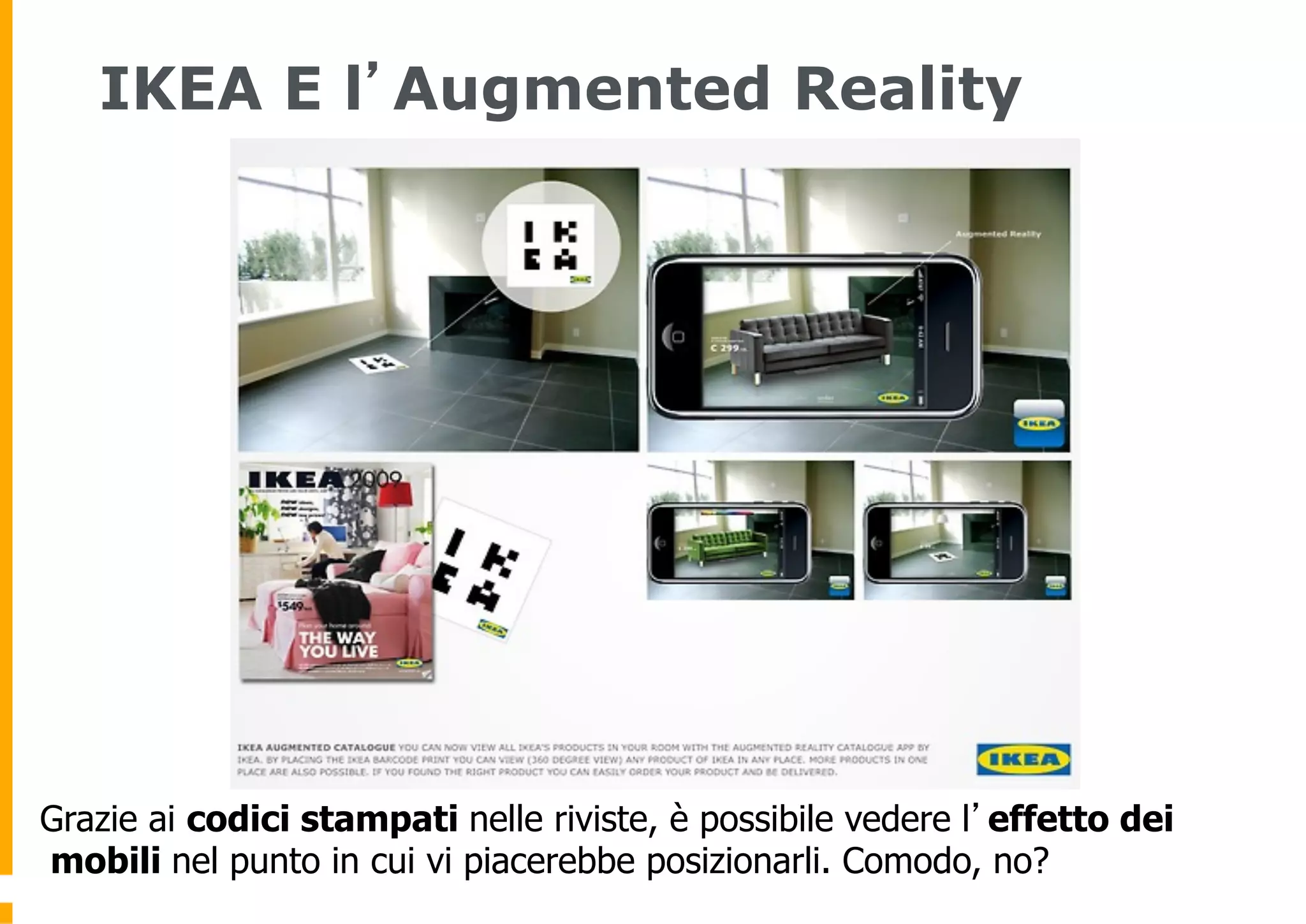IKEA E l’Augmented Reality




Grazie ai codici stampati nelle riviste, è possibile vedere l’effetto dei
mobili nel punto in cui vi piacerebbe posizionarli. Comodo, no?
 