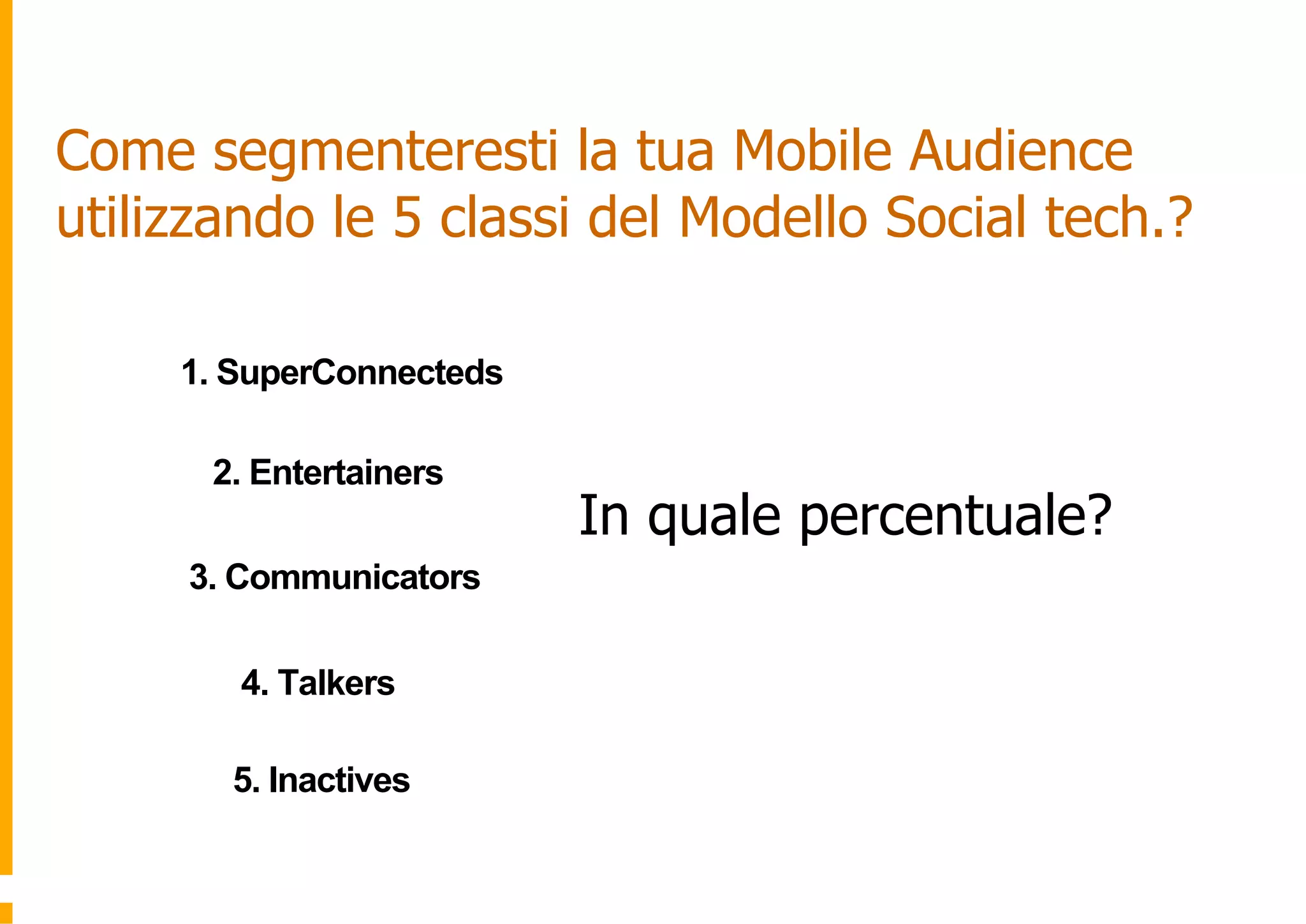 Come segmenteresti la tua Mobile Audience
utilizzando le 5 classi del Modello Social tech.?

     1. SuperConnecteds

      2. Entertainers
                          In quale percentuale?
     3. Communicators

        4. Talkers

       5. Inactives
 