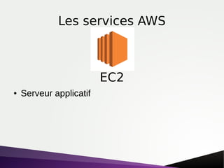 Les services AWS
● Serveur applicatif
EC2
 