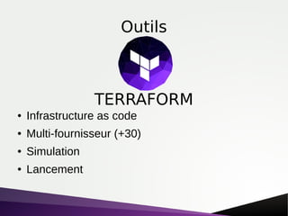 Outils
● Infrastructure as code
● Multi-fournisseur (+30)
● Simulation
● Lancement
TERRAFORM
 