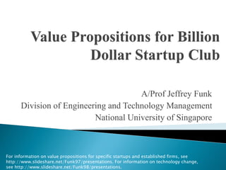 A/Prof Jeffrey Funk
Division of Engineering and Technology Management
National University of Singapore
For information on value propositions for specific startups and established firms, see
http://www.slideshare.net/Funk97/presentations. For information on technology change,
see http://www.slideshare.net/Funk98/presentations.
 