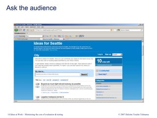 Ask the audience
14 Ideas at Work – Minimising the cost of evaluation & testing © 2007 Deloitte Touche Tohmatsu
 