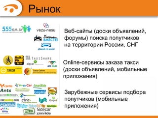 Рынок
Веб-сайты (доски объявлений,
форумы) поиска попутчиков
на территории России, СНГ
Online-сервисы заказа такси
(доски объявлений, мобильные
приложения)
Зарубежные сервисы подбора
попутчиков (мобильные
приложения)

 