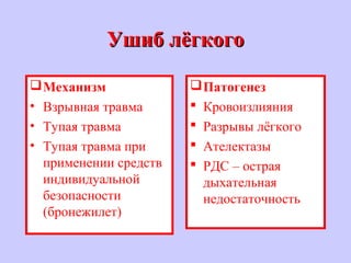 Ушиб лёгкогоУшиб лёгкого
Механизм
• Взрывная травма
• Тупая травма
• Тупая травма при
применении средств
индивидуальной
безопасности
(бронежилет)
Патогенез
 Кровоизлияния
 Разрывы лёгкого
 Ателектазы
 РДС – острая
дыхательная
недостаточность
 