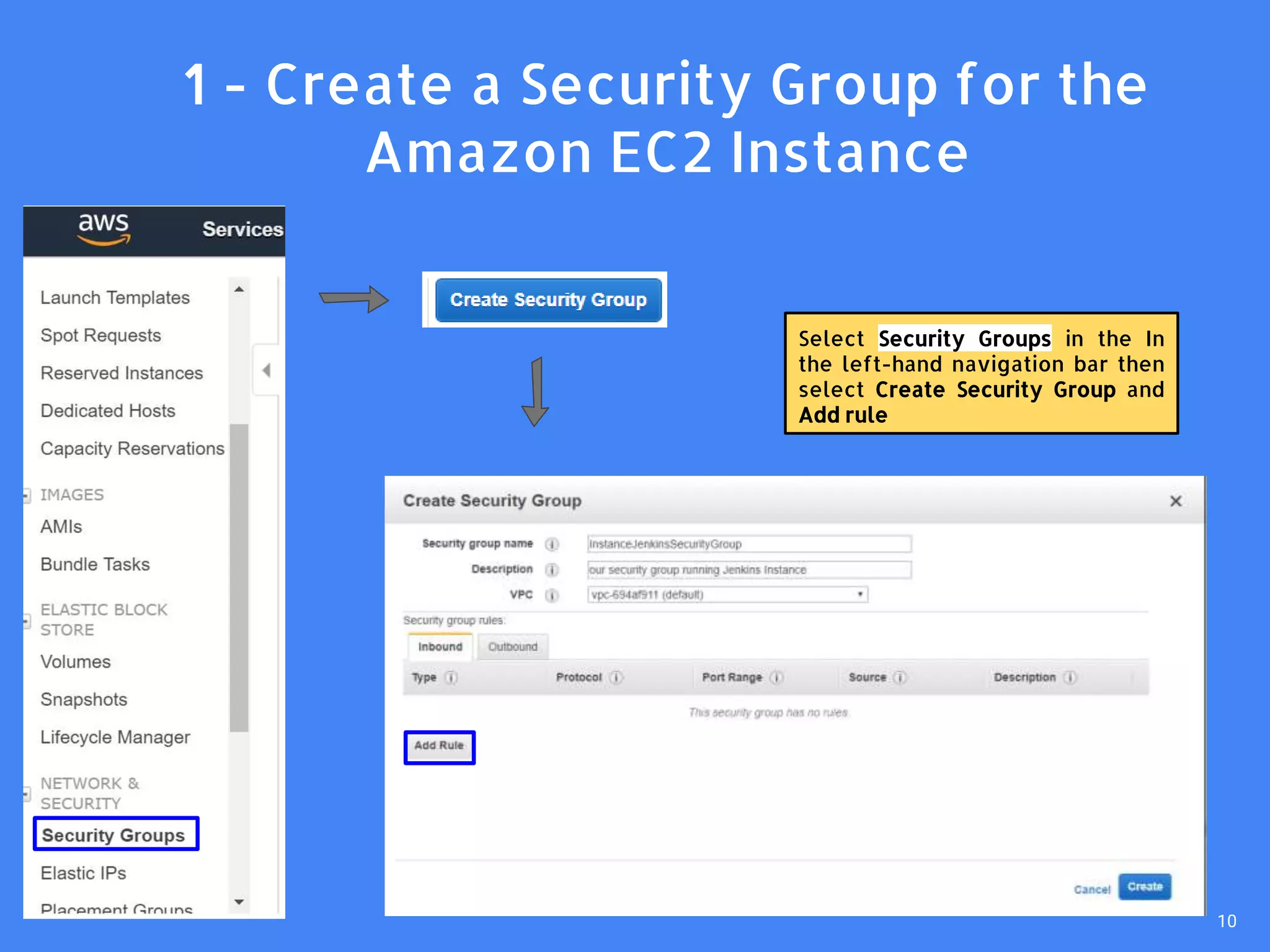 Select Security Groups in the In
the left-hand navigation bar then
select Create Security Group and
Add rule
1. 1 - Create a Security Group for the
Amazon EC2 Instance
10
 
