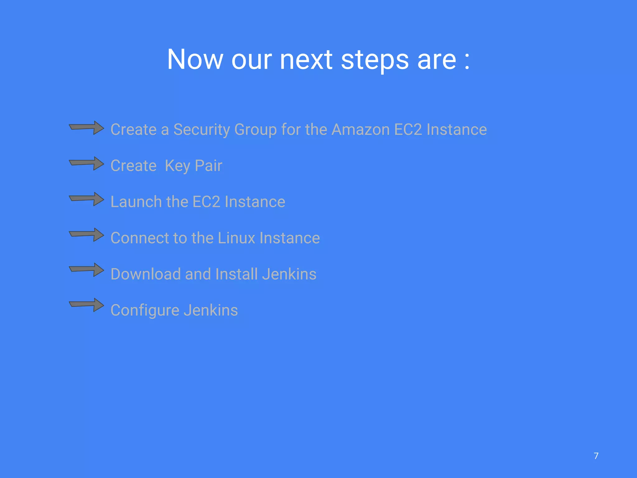 Now our next steps are :
Create a Security Group for the Amazon EC2 Instance
Create Key Pair
Launch the EC2 Instance
Connect to the Linux Instance
Download and Install Jenkins
Configure Jenkins
7
 