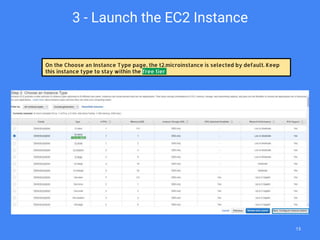 On the Choose an Instance Type page, the t2.microinstance is selected by default. Keep
this instance type to stay within the free tier
3 - Launch the EC2 Instance
15
 