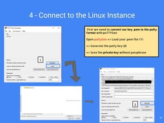 4 - Connect to the Linux Instance
First we need to convert our key .pem to the putty
format with puTTYGen
Open puttyGen => Load your .pem file ( 1 )
=> Generate the putty key (2)
=> Save the private key without passphrase
1
2
21
 