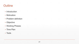 ▪ Introduction
▪ Motivation
▪ Problem definition
▪ Objective
▪ Working Phases
▪ Time Plan
▪ Tools
21
Outline
 