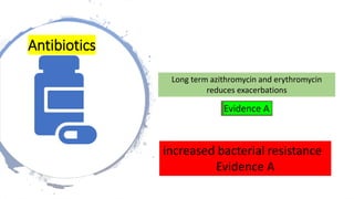Long term azithromycin and erythromycin
reduces exacerbations
Evidence A
increased bacterial resistance
Evidence A
Antibiotics
 