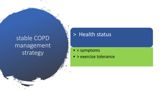 stable COPD
management
strategy
> Health status
• < symptoms
• > exercise tolerance
 