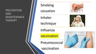 PREVENTION
AND
MAINTENANCE
THERAPY
Smoking
cessation
Inhaler
technique
Influenza
vaccination
Pneumococcal
vaccination
 