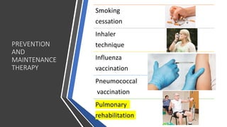 PREVENTION
AND
MAINTENANCE
THERAPY
Smoking
cessation
Inhaler
technique
Influenza
vaccination
Pneumococcal
vaccination
Pulmonary
rehabilitation
 