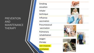 PREVENTION
AND
MAINTENANCE
THERAPY
Smoking
cessation
Inhaler
technique
Influenza
vaccination
Pneumococcal
vaccination
Pulmonary
rehabilitation
oxygen
therapy
non-invasive
ventilation
 
