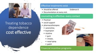 Treating tobacco
dependence
cost effective
Effective treatments exist
• should be offered Evidence A
• Documentation at every visit.
counseling is effective- every contact
• Practical
• social support
• pharmacotherapies
• varenicline,
• bupropion
• nicotine
• gum
• inhaler,
• nasal spray
• patch
Financial incentive programs
 