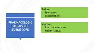 PHARMACOLOGIC
THERAPY FOR
STABLE COPD
Reduce
Symptoms
Exacerbations
Improve
Exercise tolerance
Health status.
 