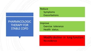 PHARMACOLOGIC
THERAPY FOR
STABLE COPD
Reduce
Symptoms
Exacerbations
Improve
Exercise tolerance
Health status.
Modify decline in lung function.
No evidence
 