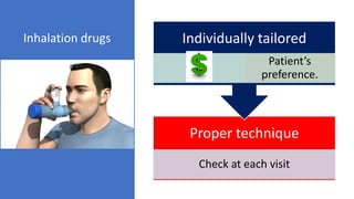 Proper technique
Check at each visit
Individually tailored
Cost,
Patient’s
preference.
Inhalation drugs
 
