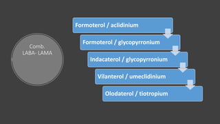 Comb.
LABA- LAMA
Formoterol / aclidinium
Formoterol / glycopyrronium
Indacaterol / glycopyrronium
Vilanterol / umeclidinium
Olodaterol / tiotropium
 