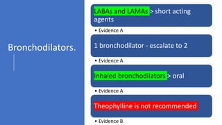 LABAs and LAMAs > short acting
agents
• Evidence A
1 bronchodilator - escalate to 2
• Evidence A
Inhaled bronchodilators > oral
• Evidence A
Theophylline is not recommended
• Evidence B
Bronchodilators.
 