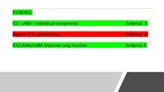 EVIDENCE
ICS - LABA > individual components Evidence A
Regular ICS > pneumonia Evidence A
ICS/LAMA/LABA improves lung function Evidence A
ICS/LAMA/LABA reduces exacerbations Evidence B
 