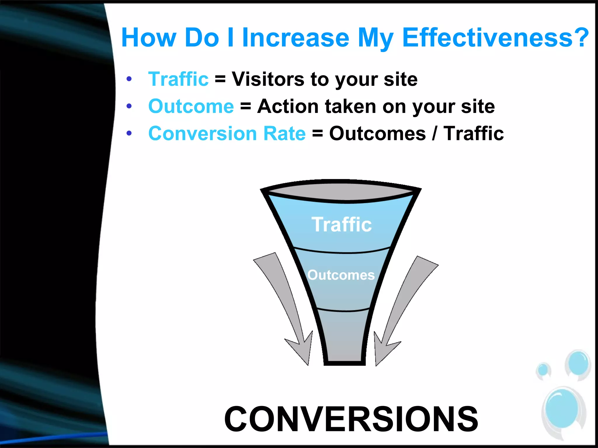 How Do I Increase My Effectiveness? Traffic  = Visitors to your site Outcome  = Action taken on your site Conversion Rate  = Outcomes / Traffic CONVERSIONS 