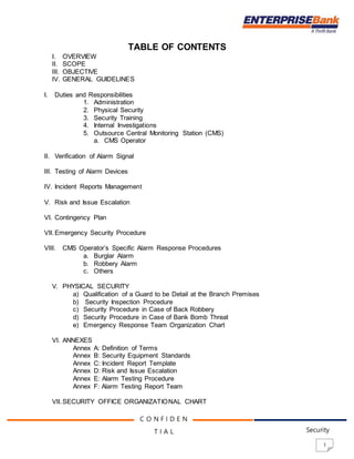 1
C O N F I D E N
T I A L Security
Department
TABLE OF CONTENTS
I. OVERVIEW
II. SCOPE
III. OBJECTIVE
IV. GENERAL GUIDELINES
I. Duties and Responsibilities
1. Administration
2. Physical Security
3. Security Training
4. Internal Investigations
5. Outsource Central Monitoring Station (CMS)
a. CMS Operator
II. Verification of Alarm Signal
III. Testing of Alarm Devices
IV. Incident Reports Management
V. Risk and Issue Escalation
VI. Contingency Plan
VII.Emergency Security Procedure
VIII. CMS Operator’s Specific Alarm Response Procedures
a. Burglar Alarm
b. Robbery Alarm
c. Others
V. PHYSICAL SECURITY
a) Qualification of a Guard to be Detail at the Branch Premises
b) Security Inspection Procedure
c) Security Procedure in Case of Back Robbery
d) Security Procedure in Case of Bank Bomb Threat
e) Emergency Response Team Organization Chart
VI. ANNEXES
Annex A: Definition of Terms
Annex B: Security Equipment Standards
Annex C: Incident Report Template
Annex D: Risk and Issue Escalation
Annex E: Alarm Testing Procedure
Annex F: Alarm Testing Report Team
VII.SECURITY OFFICE ORGANIZATIONAL CHART
 