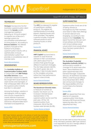 QMV Super Solutions specialise in the delivery of world-class technology
and business solutions for the superannuation and wealth management
industries. With a fresh approach to solving complex process issues, our
tailored solutions are delivered by a bright young team who are experts
in their fields, and passionate about results.
qmvsupersolutions.com
While all care has been taken to ensure the accuracy
of the information presented, QMV Super Solutions
is not responsible for any loss or damage suffered in
relying on the information presented.
QMV
TECHNOLOGY
VicSuper has become the first
Australian superannuation client
live on the Sonata wealth
management platform,
following an 18 month project
to migrate two of Bravura’s
heritage systems for
accumulation and retirement
income products. According to
Bravura Solutions, this release
positions VicSuper at the
forefront of Australia’s
superannuation industry with a
sophisticated, in-house
administration system that
provides a consolidated view of
member data.
Source: Bravura Solutions
DEMOGRAPHICS
The Australian Institute of
Superannuation Trustees (AIST),
in conjunction with BNP Paribas
Securities Services, have
undertaken research to identify
key longer-term issues faced by
asset owners and managers, in
their whitepaper 2025: What will
the superannuation Industry
look like in a decade?
Among the findings, variation in
demographic shifts by region
and country is expected to
create offshore investment
opportunities, and technology
advances will personalise each
members fund experience.
Source: APRA
SUPERSTREAM
The ATO has released its register
of SuperStream certified
products. This register lists
certified products including
payroll, clearing houses and
other providers. The register
currently includes 19 payroll
software products and 8
clearing houses or other
products.
Source: ATO
FINANCIALADVICE
AMP Capital has launched a
website to assist financial
advisers in their conversations
with clients about how to
achieve their goals through
different investment strategies.
The site helps advisers identify
the client's goals, risks and
priorities. It also includes reports
on the tangible outcomes,
rather than their performance
against a benchmark.
Source: Financial Standard
BOARDREPRESENTATION
The Boardroom Diversity index,
a measure of women on
boards, has shown a 5.7 %
increase in female board
representation in the
superannuation sector over the
past year. Of the 135
Superannuation Trusts
measured, 254 of the 955
trustees were female (26.5%).
Source: Women on Boards
SUPERMARKETING
Superannuation funds are at risk
of being viewed as
homogenous by their members,
and need to tailor their offerings
to remain relevant and
engaging, according to new
research from CoreData. The
report found that 40.6 per cent
of pre-retirees and 32.4 per
cent of post-retirees were
unsure which fund would afford
them the best overall offer in
retirement.
Source: Financial Observer
APPOINTMENTS
The Australian Prudential
Regulation Authority (APRA) has
announced a number of
changes to its senior executive
team. Steve Matthews has
been appointed Executive
General Manager, Corporate
Services. Mr Matthews has been
APRA’s Chief Financial Officer
since November 2010. APRA
also announced changes to
the responsibilities of its four
current Executive General
Managers.
Source: APRA
AMP has appointed their new
director of corporate
superannuation Vicki Doyle,
formerly of BT Financial Group,
replacing Libby Roy, who
departed last May.
Source: Financial Standard
SuperBrief Independent & Concise
Issue #11 of 2015: Friday, 20th
March
 