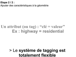 Etape 2 / 2 : 
Ajouter des caractéristiques à la géométrie 
Un attribut (ou tag) : “clé = valeur” 
Ex : highway = resident...
