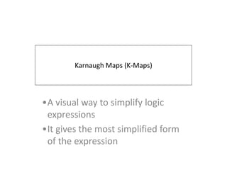 Karnaugh Maps (K-Maps)
•A visual way to simplify logic
expressions
•It gives the most simplified form
of the expression
 