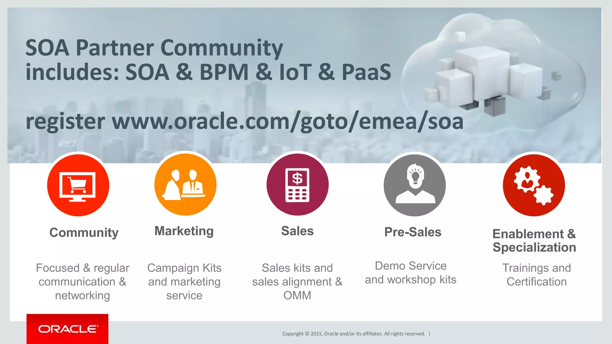 Copyright © 2015, Oracle and/or its affiliates. All rights reserved. |
SOA Partner Community
includes: SOA & BPM & IoT & PaaS
register www.oracle.com/goto/emea/soa
Community
Focused & regular
communication &
networking
Sales
Campaign Kits
and marketing
service
Pre-Sales
Trainings and
Certification
Marketing
Demo Service
and workshop kits
Enablement &
Specialization
Sales kits and
sales alignment &
OMM
 