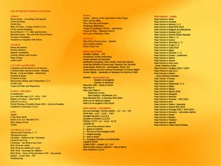 LIST OF PRESENTATIONS IN ENGLISH
CHRIST
Resurrection – according to the gospels
Christ the King
Christ lives
Body of Christ - Corpus Christi 1,2,3,4
Christ and his Kingdom
Sacred Heart 1 + 2 – bible and doctrine –
Haurietis aquas – the cult of the Sacred Heart
Vocation to beatitude
Vocation to evangelize with Christ
CHURCH
Divine Revelation
Priestly Ministry
Human Community
Church, Mother and Teacher
Signs of hope
youth synod
CULTURE and HISTORY
Columbus and the discovery of America
Confraternities and processions– Hispanic
Diwali – Festival of lights – Hindi feast
Football in Spain
President Trump
Russian Revolution and Communism 1, 2, 3
Sevilla's fair
Virgen del Pilar and Hispanicity
FAMILY, CHILDREN
Grandparents
Love and Marriage 1,2,3 – 4,5,6 – 7,8,9
Dignity of women – John Paul II
God of Love (sex)
World Meeting of Families Rome 2022 – festival of families
Familiaris Consortium 1,2,3,4
GOD
Angels
Come Holy Spirit
God is Love 1,2– Benedict XVI
Man, image of God
Trinity
LITURGICAL YEAR
Advent and Christmas, 1 + 2
All departed souls
All Saints – Halloween for Christians
Carnival and Lent
Christmas – the birth of our Lord
Holy Week for adults
Holy Week for children 8+ years
Holy Week - drawings for children
Holy Week – Views of the last hours of JC – the passion
Sunday – Lord's Day – JP2
Thanksgiving
MARIA
Fatima – History of the Apparitions of the Virgin
Mary and the Bible
Mary Doctrine and Dogmas
Medjugore pilgrimage
Virgin of Guadalupe, Mexico – apparitions
Virgen de Pilar – Hispanic festival
Our Lady of Sheshan, China
SCIENCE
Mars Rover Perseverence – Spanish
Juno explores Jupiter
Parker Solar Test
MORAL AND ETHICAL
Christian holidays - JP2
Conscience, human community,
human freedom and salvation
justification and grace, Life in Christ, merit and holiness
moral law, Morality of human acts, Passions, Sin, Sincerity
social justice, Social Life – participation, Virtue, vice
United Nations and the Universal Declaration of Human Rights
Human Dignity – declaration of dicastery for doctrine of faith
Vocation – www.vocation.org
Vocation to evangelize
Vocation to beatitude
Pope John XXIII – Peace on Earth
Pope Paul VI
Pope Juan Pablo II –
Redeemer of man,
Karol Wojtyla + Pontificado 1+2
Pope Benedict XVII - in Germany WYD 2005
Pope Leo xiv Habemus papam
Pope Leo xiv program x the church
POPE FRANCIS – DOCUMENTS
love and marriage - Amoris Laetitia – 1.2 – 3.4 – 5.6
Christ lives - 1,2,3 – 4,5,6 – 7,8,9
Evangelii Gaudium 1,2,3,4,5
Gaudete et Exultate 1,2,3,4,5
FRATELLI TUTTI - 1,2 – 3,4,5 – 6,7,8
LAUDATE Sii
1 – care of the common home
2 – gospel of creation
3 – The root of the ecological crisis
4 – integral ecology
5 – lines of action
6 – Ecological Education and Spirituality
LAUDATE DEUM
LUMEN FIDEI – chapter 1,2, - 3,4
Misericordiae Vultus in Spanish – Face of Mercy
Dear Amazonia 1,2,3,4
POPE FRANCIS – TRAVEL
Pope Francis in Africa
Pope Francis in America
Pope Francis in Bahrain 1+ 2
Pope Francis in Brazil WYD 2013
Pope Francis in Bulgaria and Macedonia
Pope Francis in Canada 1,2,3
Pope Francis in Central African Republic
Pope Francis in Chile 1 + 2
Pope Francis in Cyprus
Pope Francis in Colombia 1 + 2
Pope Francis in Congo 1+ 2
Pope Francis in Cuba 2015
Pope Francis in Egype
Pope Francis in Slovakia 1 + 2
Pope Francis in Europe – parliament
Pope Francis in Fatima
Pope Francis in Greece
Pope Francis in Holy Land,
- Israel, Palestine Jordan
Pope Francis in Hungary 2021 + 2023
Pope Francis in Iraq 1,2,3
Pope Francis in Ireland
– world meeting of families
Pope Francis in Kenya
Pope Francis in Japan
Pope Francis in Kazakhstan 1+ 2
Pope Francis in Malta
Pope Francis in Mexico
Pope Francis in Mexico 2016
Pope Francis in Mongolia
Pope Francis in Morocco
Pope Francis in Panama – WYD 2019
Pope Francis in Peru
Pope Francis in Poland - Auschwitz
Pope Francis in Poland WYD 2016
Pope Francis in Portugal 2021 + WYD 2023
Pope Francis in Romania – canonizes martyrs
Pope Francis in Sudan
Pope francis in Sweden
Pope Francis in Thailand
Pope Francis in Uganda
Pope Francis in United Arab Emirates
 