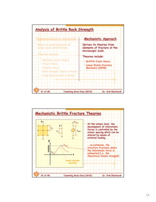 11
21 of 45 Tunnelling Grad Class (2015) Dr. Erik Eberhardt
Analysis of Brittle Rock Strength
Phenomenological Approach
Relies on generalization of
large scale observations.
Mechanistic Approach
Derives its theories from
elements of fracture at the
microscopic scale.
• Maximum Stress theory
• Tresca theory
• Coulomb theory
• Mohr-Coulomb failure criterion
• Hoek-Brown failure criterion
Theories include:
Theories include:
• Griffith Crack theory
• Linear Elastic Fracture
Mechanics (LEFM)
22 of 45 Tunnelling Grad Class (2015) Dr. Erik Eberhardt
Mechanistic Brittle Fracture Theories
F
ro
r
Fmax … on extension, the
structure fractures where
the interatomic force is
exhausted (i.e. the
theoretical tensile strength)
F
F
ro
rmax
Fmax
At the atomic level, the
development of interatomic
forces is controlled by the
atomic spacing which can be
altered by means of
external loading …
bonds become
unstable
tension
ro
 