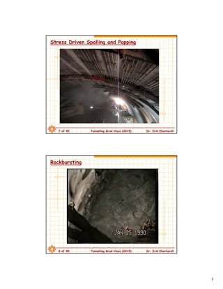 4
7 of 45 Tunnelling Grad Class (2015) Dr. Erik Eberhardt
Stress Driven Spalling and Popping
8 of 45 Tunnelling Grad Class (2015) Dr. Erik Eberhardt
Rockbursting
 